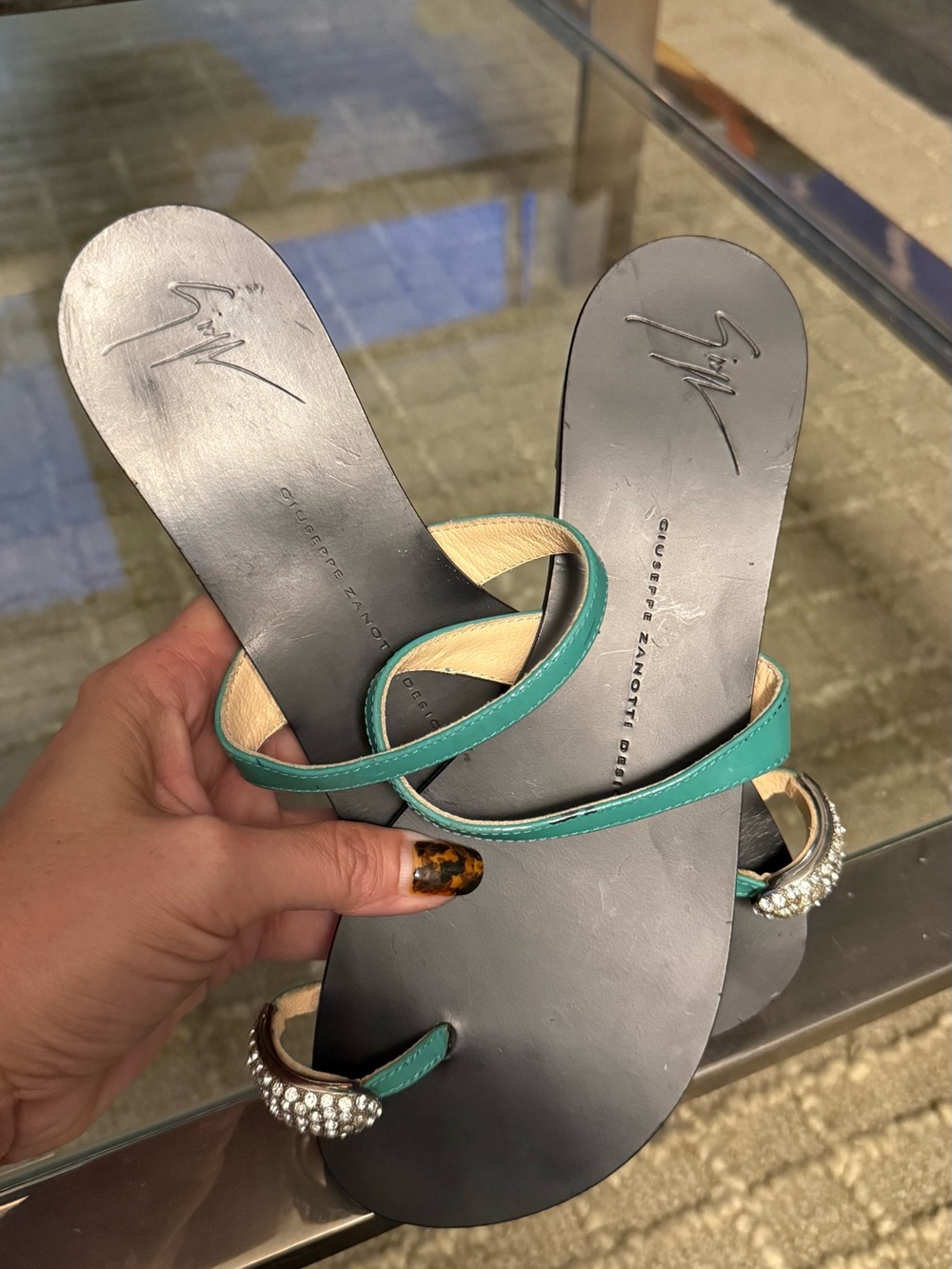 Giuseppe Zanotti Teal Leather Crystal-Embellished Slide Sandals